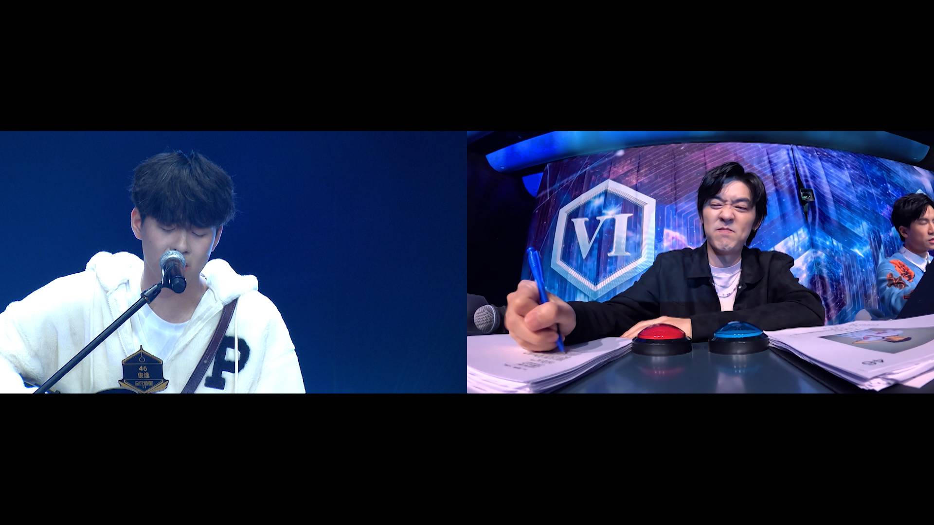 全民造星vi viutv 46號參賽者俊逸的咬字問題,令Oscar邊聽邊不停圈錯字。(圖片來源:ViuTV)