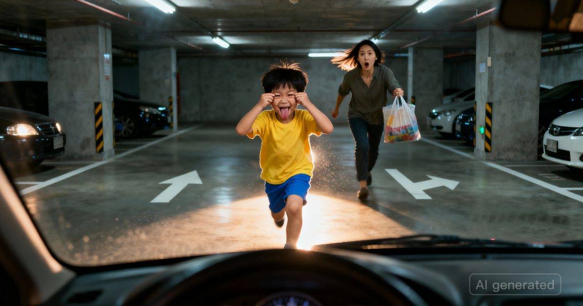 大埔停車場小童突彈出做鬼臉｜司機急煞避意外 網民炮轟：點解唔睇緊？