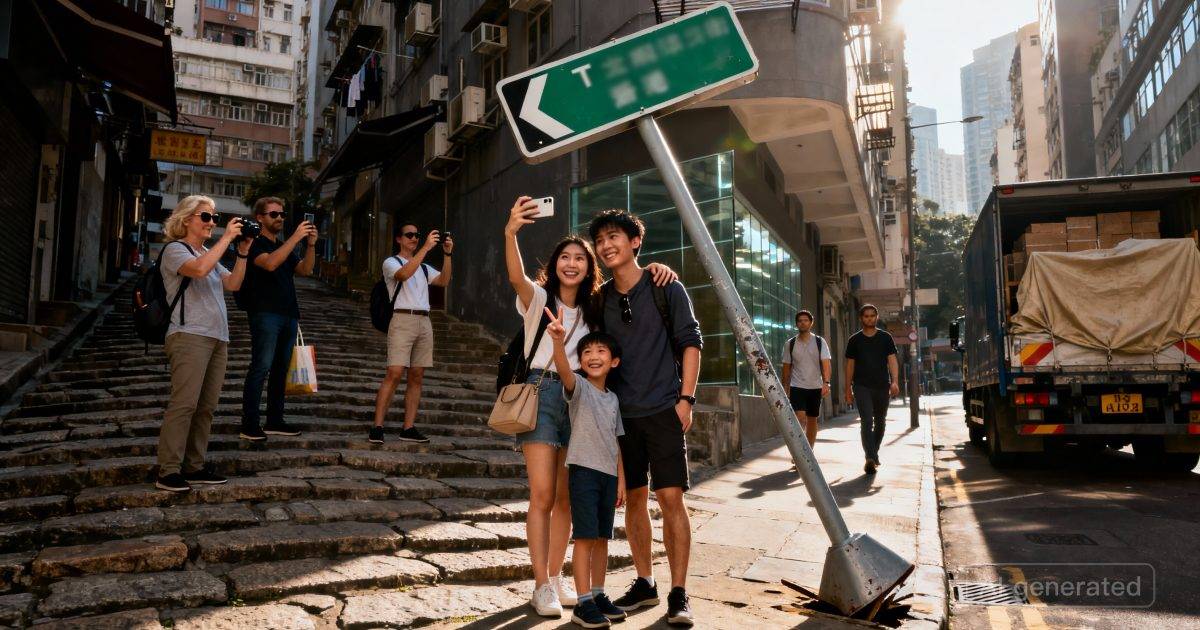 長車司機硬闖中環窄巷撞歪路牌｜現場驚變打卡熱點？遊客無視危險擺甫士自拍