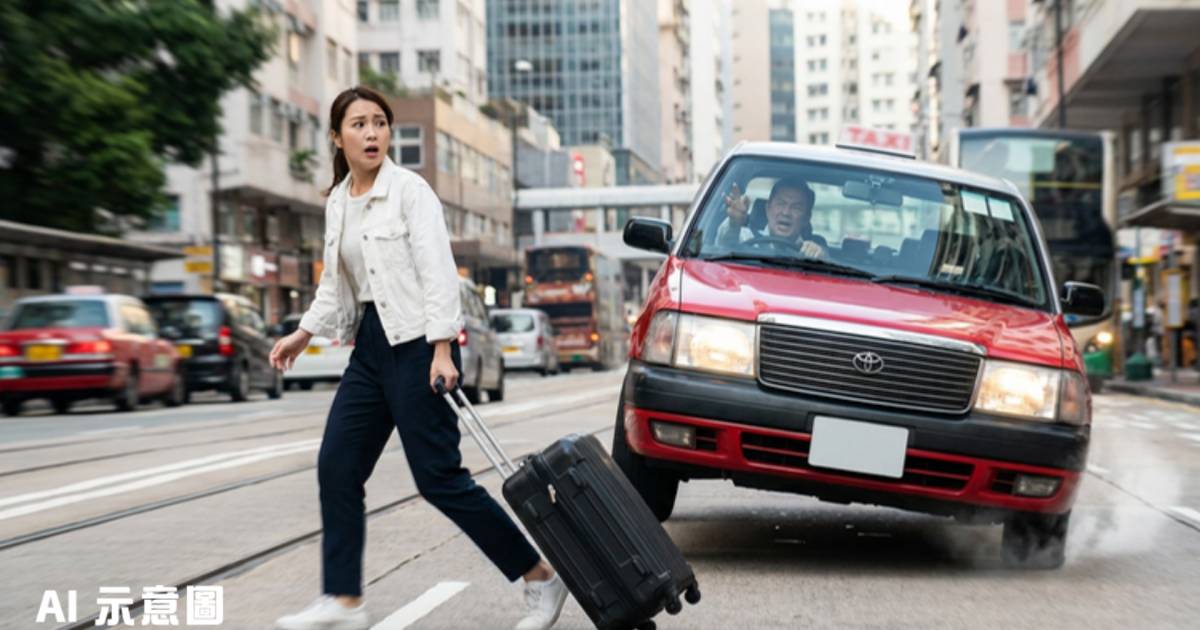 拖篋女跨越3條行車線險捱撞｜的士司機急煞爆粗怒斥 網民震驚