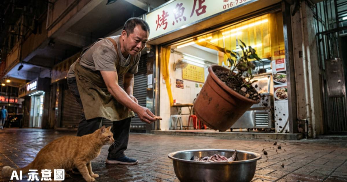 烤魚店老闆起身餵流浪貓｜下秒花盆從天砸中原位 網民震驚