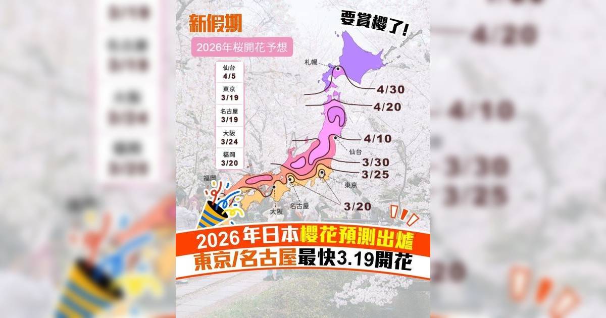 2026年日本櫻花預測出爐 東京/名古屋最快3.19開花