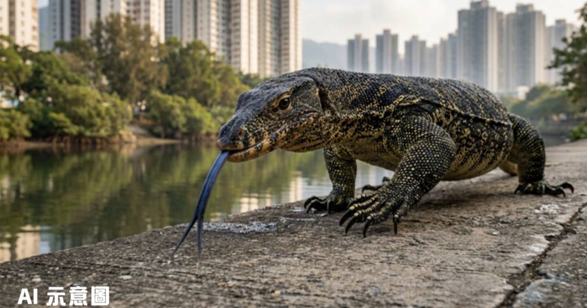 沙田城門河旁驚現神秘巨蜥｜目測1米長不時吐舌 網民笑爆：金城安你條龍走失咗