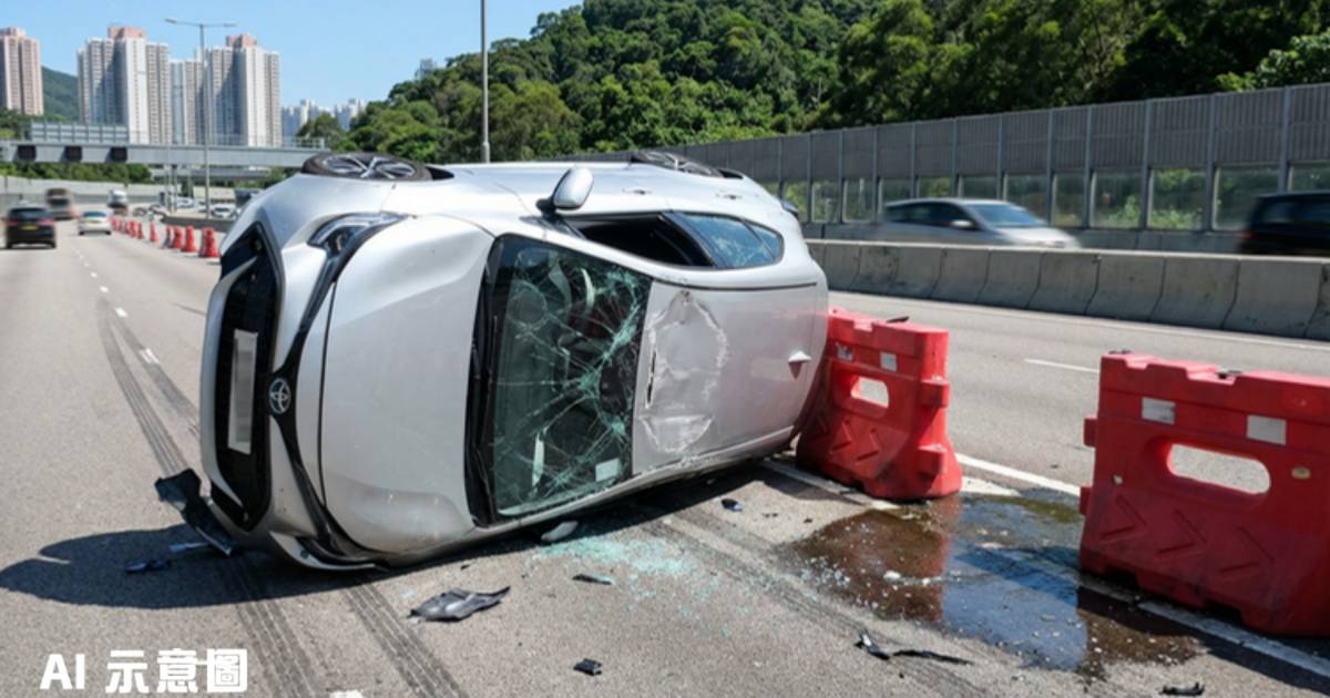 沙田路30多歲女司機失控剷水馬翻側｜車CAM直擊驚險一幕