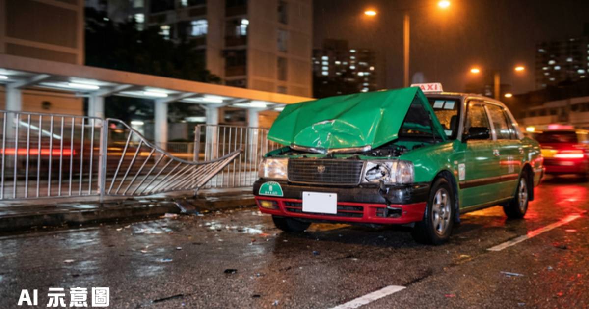 天恆邨的士撞欄後不顧而去｜車頭摺起仍強行駛走 目擊者驚呼