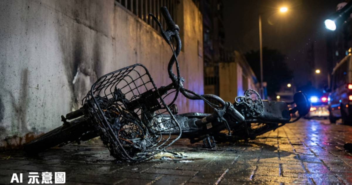 元朗電動單車突起火嚴重焚毀｜車籃物品疑短路肇禍 現場餘燼遍地