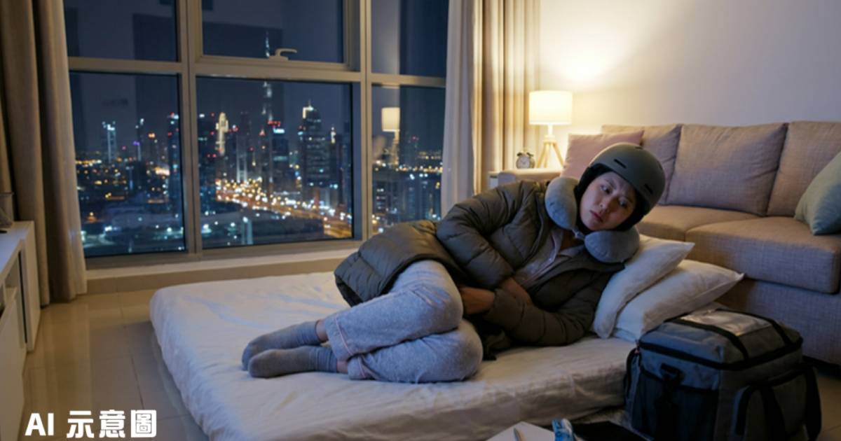 杜拜中國女戴頭盔頸枕睡覺｜因一件事全副武裝 網民震驚