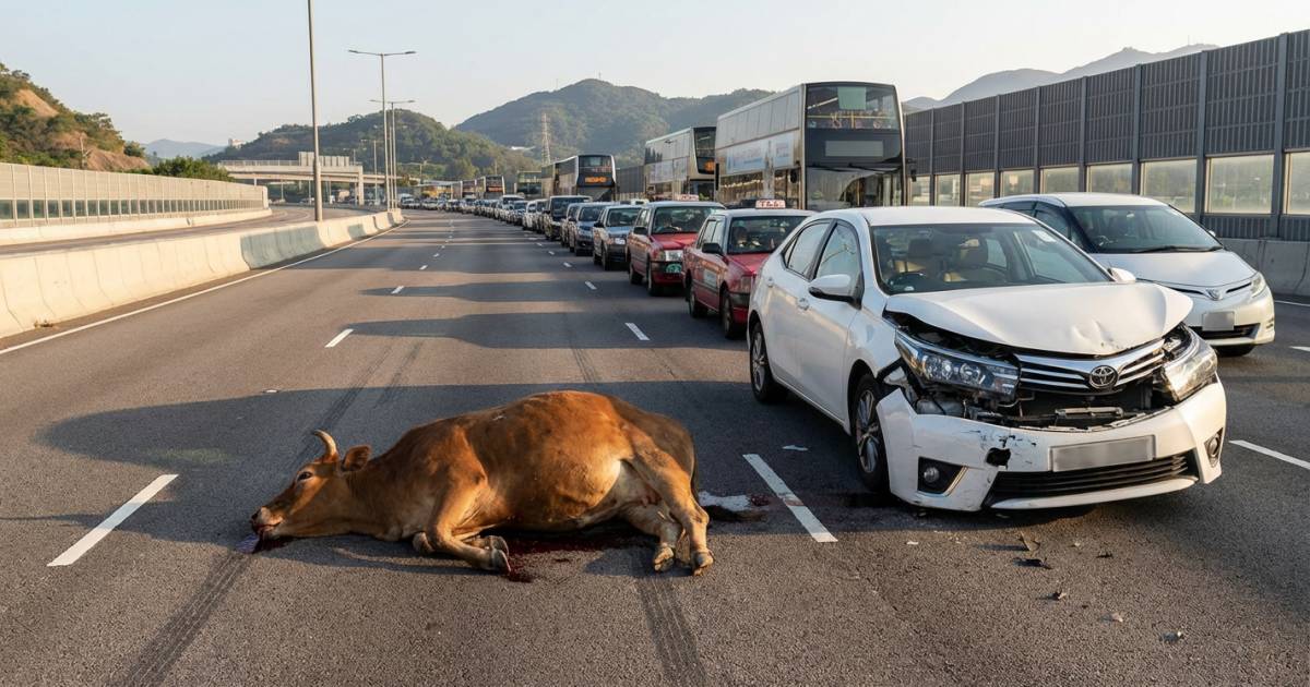 流浪牛闖青朗公路｜慘遭私家車猛撞倒地不起 司機嚇呆畫面極震撼？