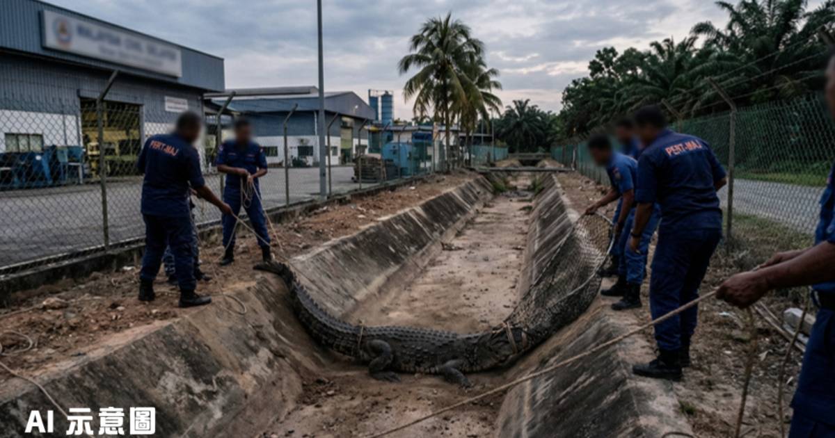 馬國工廠驚現5米巨鱷被困溝渠！無牙但兇猛異常 民防隊花2小時制伏
