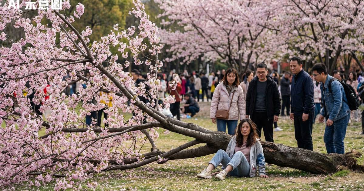 上海女遊客爬櫻花樹打卡　整棵樹突倒塌驚險一幕曝光