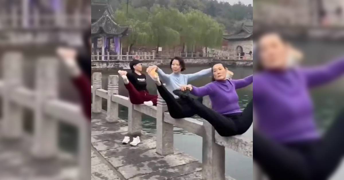 內地景區大媽懸空分腿「玩命瑜伽」 恐毀壞文物景區緊急回應！