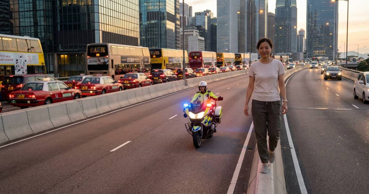 翻版吳倩蓮？｜中環天橋危險漫步惹車龍 鐵騎警貼身護航竟帶笑！