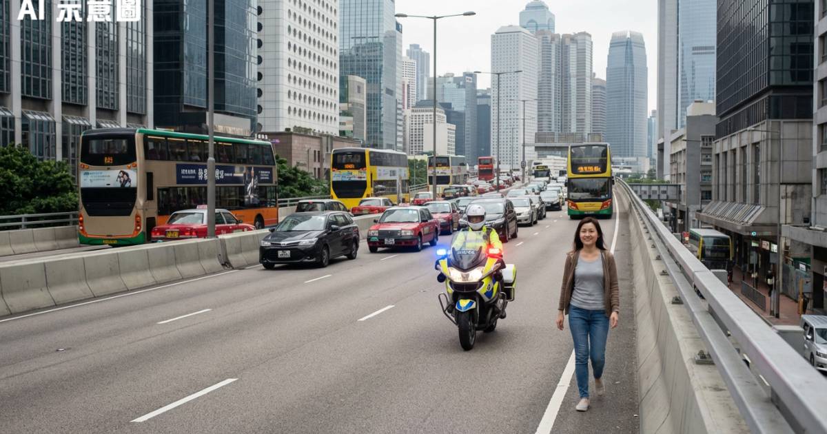 中環天橋驚現「女主角」！鐵騎阿Sir貼身護航惹議 網民怒問：點解唔罰錢？