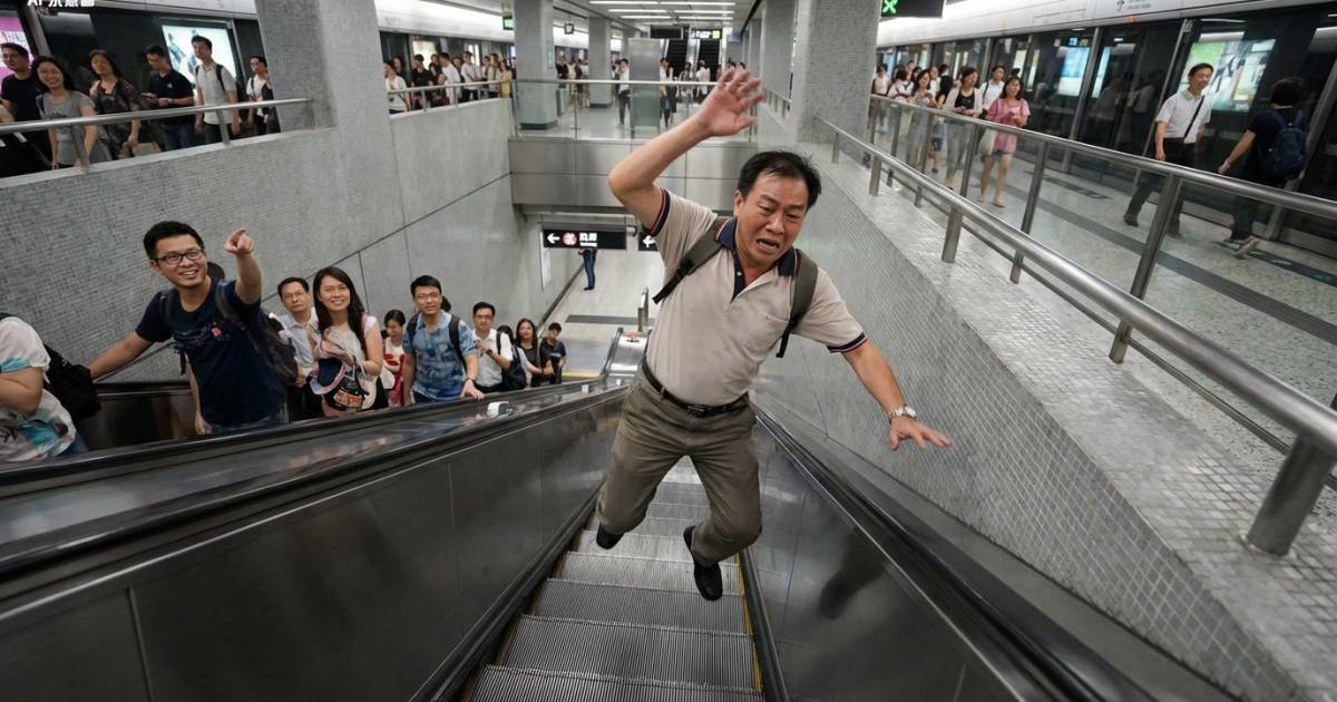 港鐵站上演爆笑一幕！港爸扶手梯狂跳3次執手機 結局神展開網民睇到O嘴