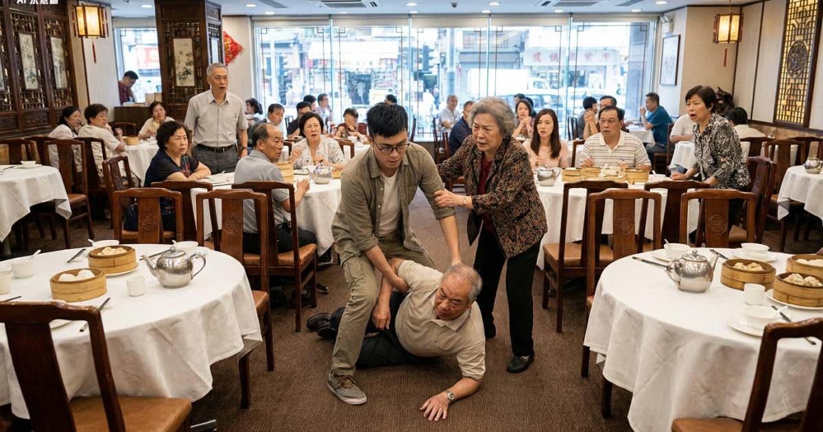 母親節前夕酒樓MMA！阿伯慘被四眼男撳住砌 阿婆拎呢樣武器反擊