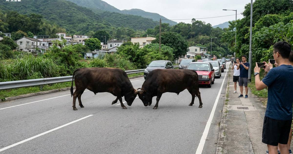 元朗馬路中心驚現兩牛激烈互撞｜交通癱瘓結局一方落荒而逃