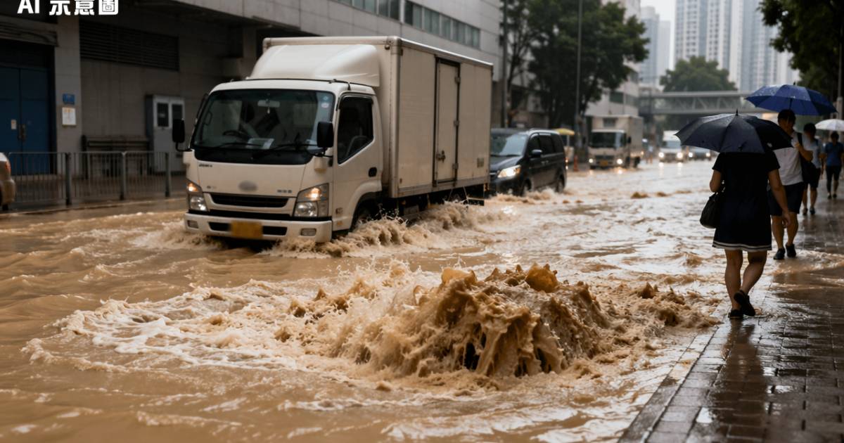青衣爆水管黃泥水湧出｜客貨車硬闖澤國途人嚇到避一旁