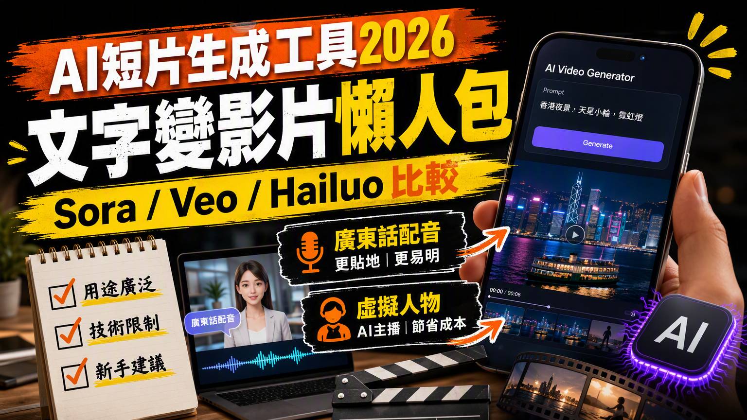 AI短片生成工具2026|文字變影片Sora/Veo/Hailuo比較懶人包