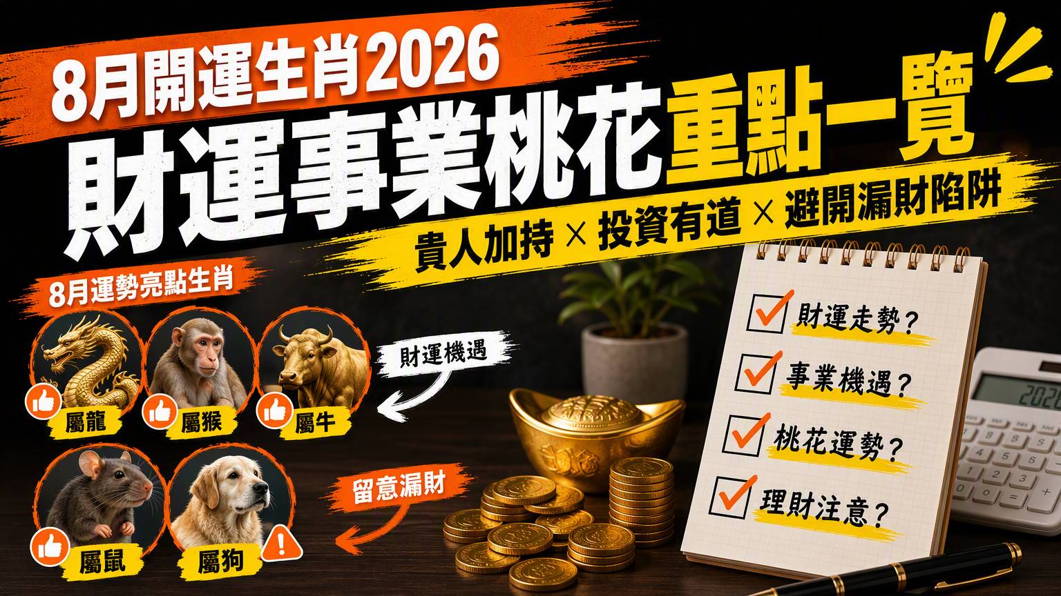 8月生肖運勢2026|財運事業愛情12生肖月運一覽