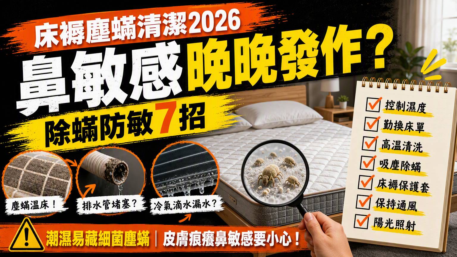床褥塵蟎清潔2026|鼻敏感訓醒痕?7招除蟎防敏