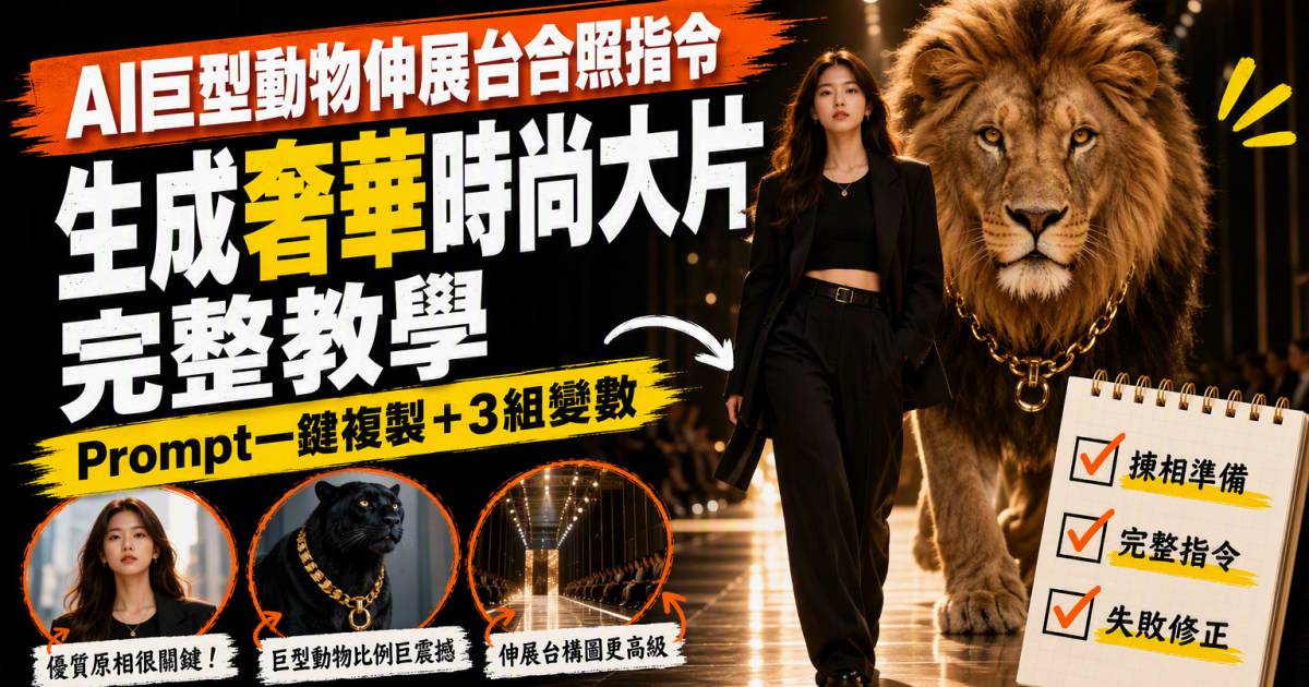 AI巨型動物伸展台合照指令｜ChatGPT生成奢華時尚大片完整教學