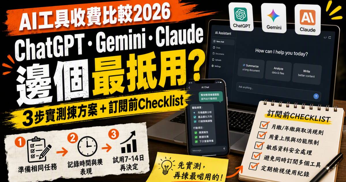 AI工具收費比較2026｜ChatGPT Gemini Claude邊個最抵用