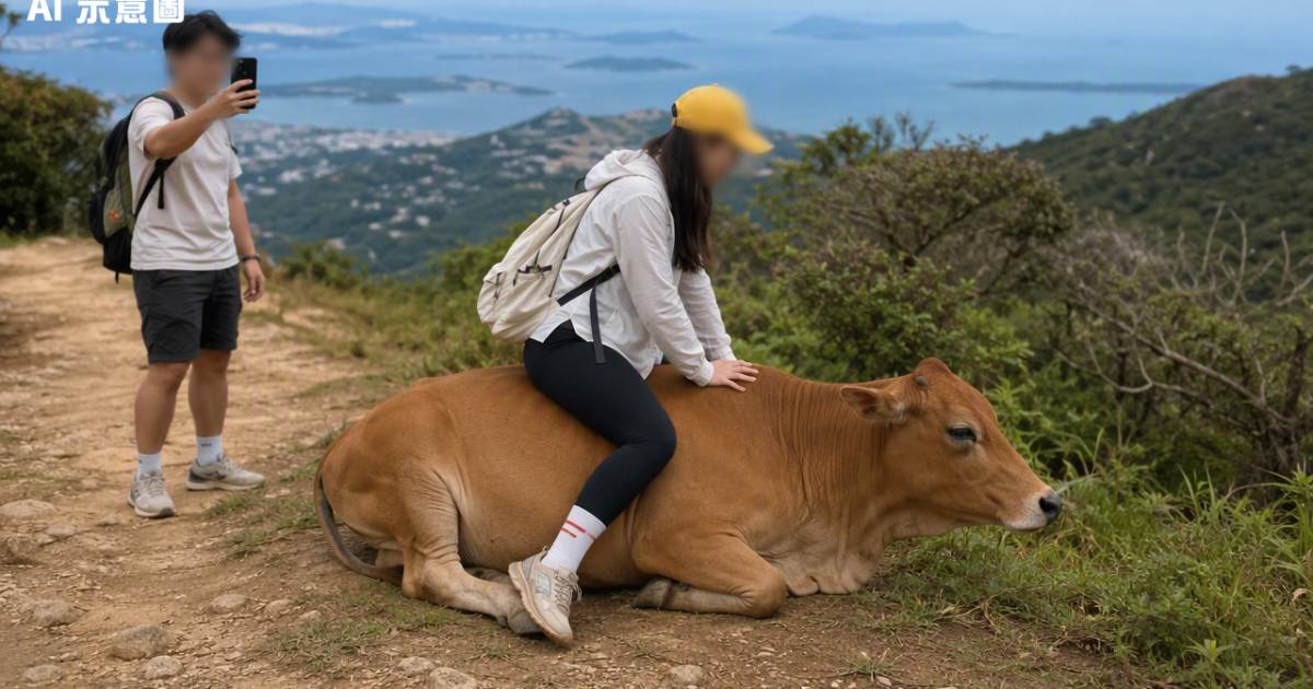 馬鞍山行山港女竟強行跨騎黃牛同行男顧打卡最終因1句話敗走
