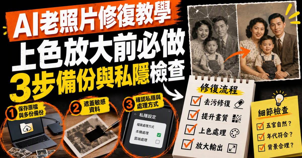 AI老照片修復教學｜上色放大前必做3步備份與私隱檢查