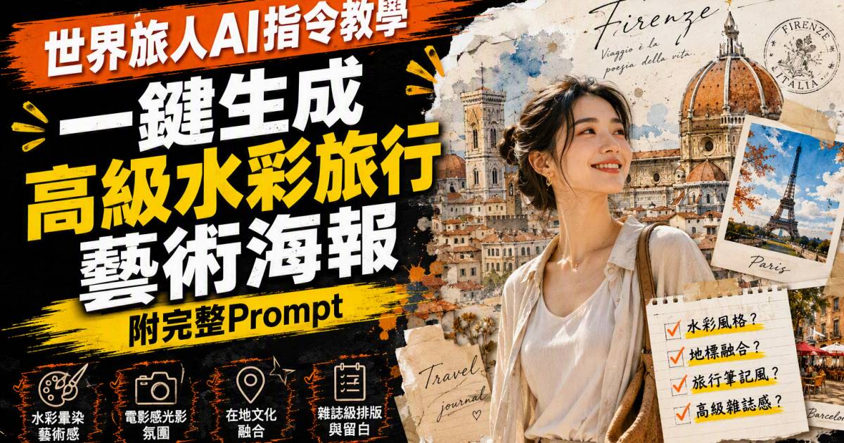 世界旅人AI指令教學｜一鍵生成高級水彩旅行藝術海報（附完整Prompt）