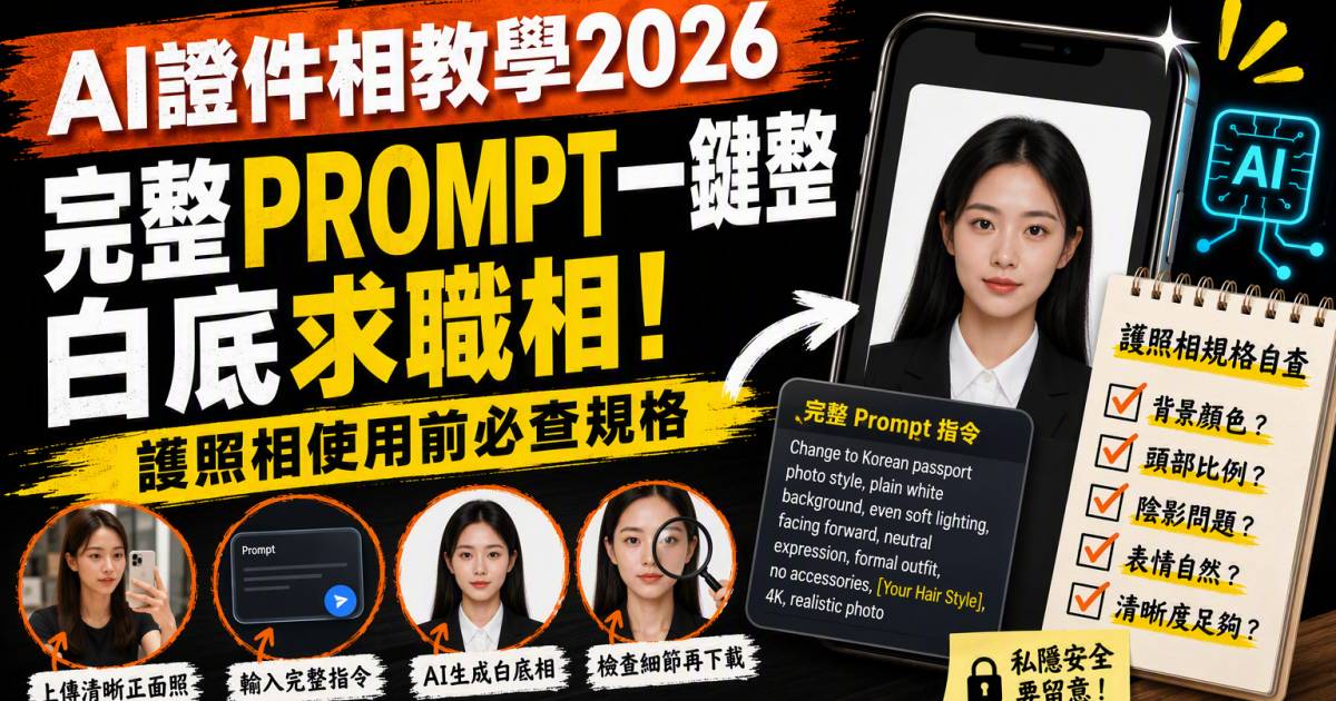 AI證件相教學2026｜完整Prompt一鍵整白底求職相！護照相使用前必查規格