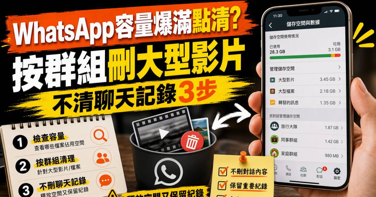 WhatsApp容量爆滿點清？按群組刪大型影片不清聊天記錄3步