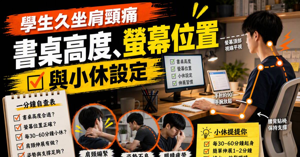 學生久坐肩頸痛｜書桌高度螢幕位置與小休設定