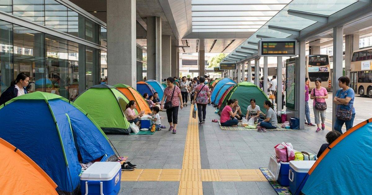 將軍澳康城淪陷｜外傭紮營霸佔巴士站 高峰期過百帳篷！居民呻爆：阻住條路！