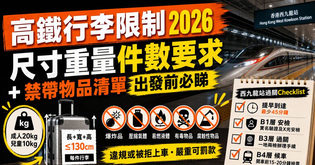高鐵行李限制2026｜尺寸重量件數要求＋禁帶物品清單出發前必睇