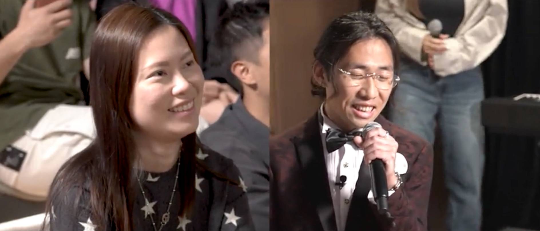 沿路幫緊你 練美娟 節目組特別安排一場假「Fans Meeting」為求婚作掩護,男主獻唱女友偶像姜濤歌曲《蒙著嘴說愛你》出場。(圖片來源:ViuTV)
