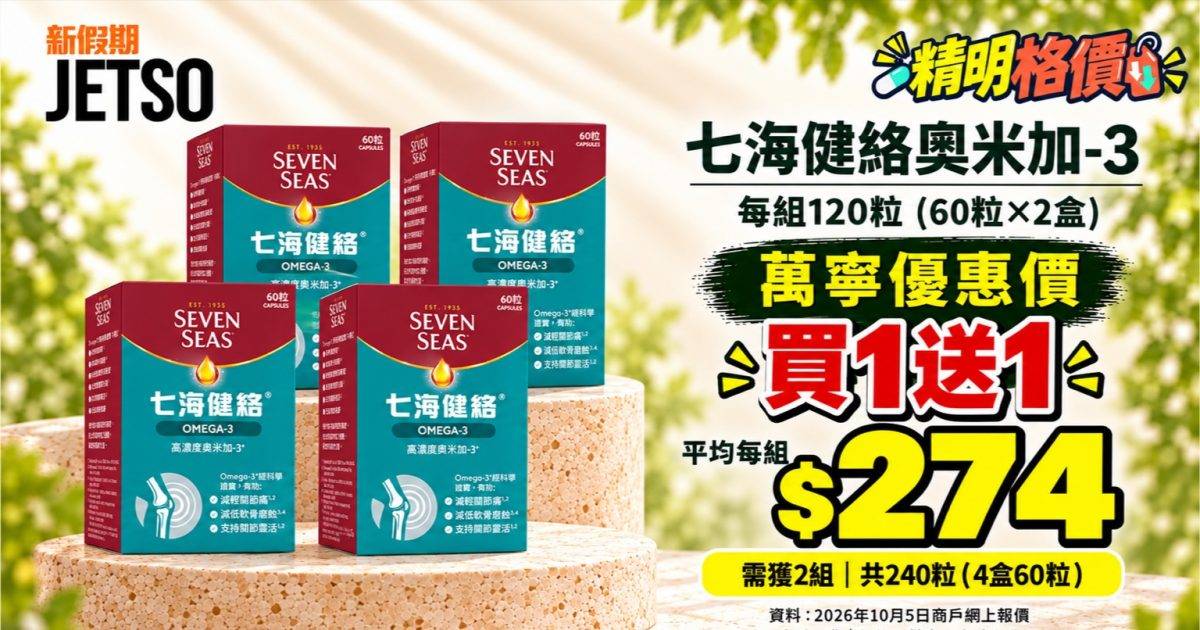 七海健絡奧米加-3共120粒格價｜萬寧買1送1 平均每組$274