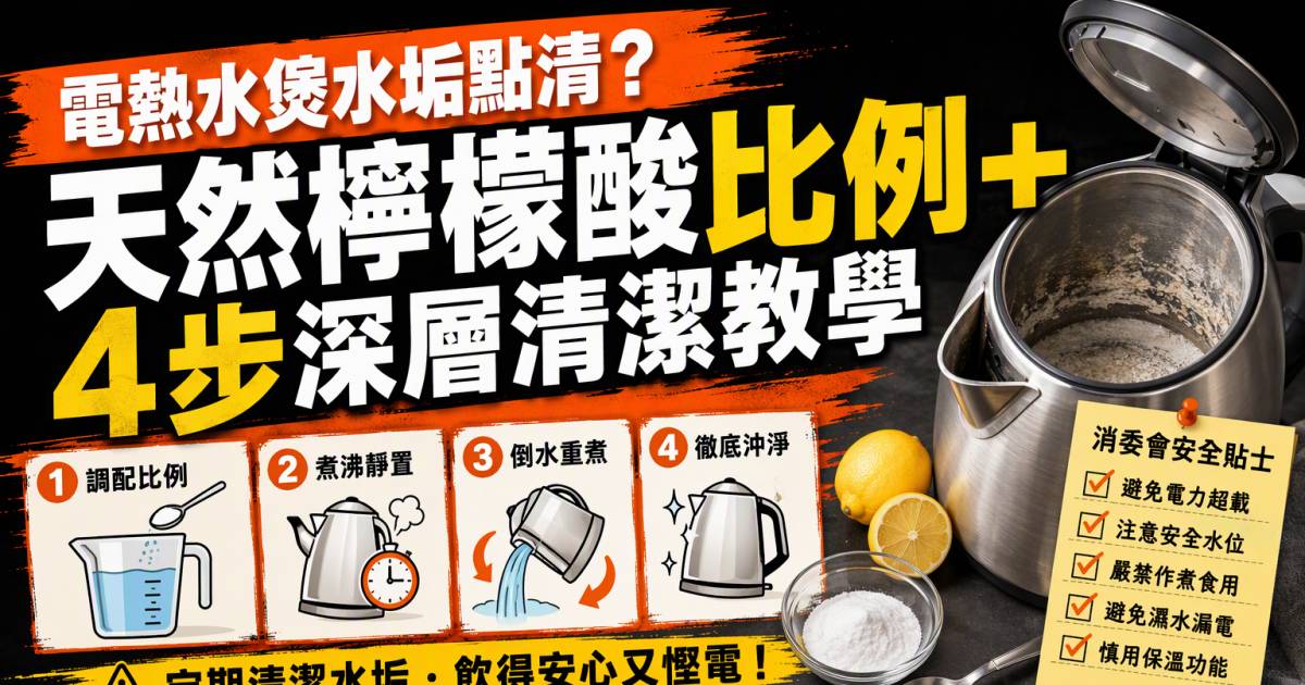 電熱水煲水垢點清？天然檸檬酸比例＋4步深層清潔教學