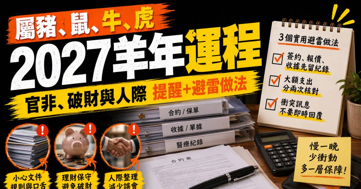 屬豬鼠牛虎2027羊年運程：官非破財與人際