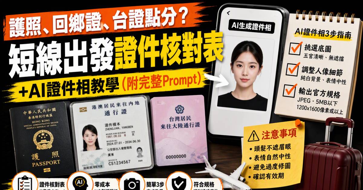 護照回鄉證台證點分？短線出發證件核對表＋AI證件相教學(附完整Prompt)