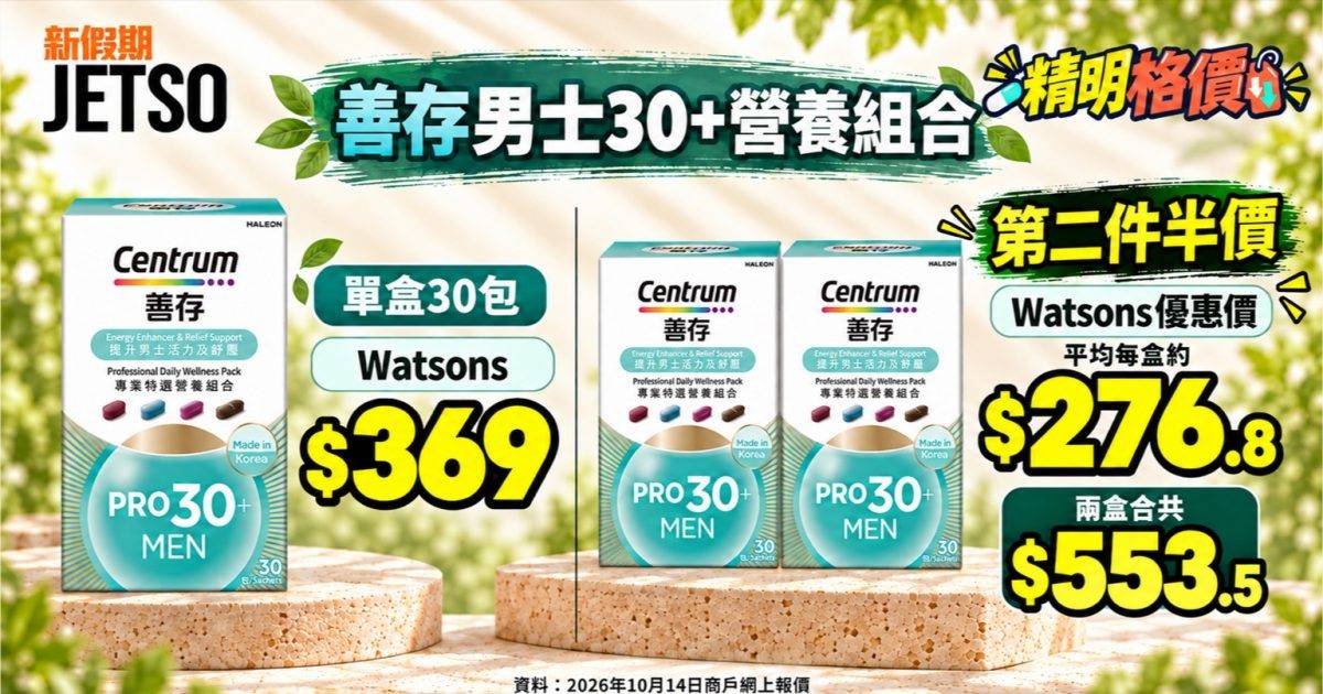 善存男士30+營養組合30包｜屈臣氏第二件半價 兩盒$553.5