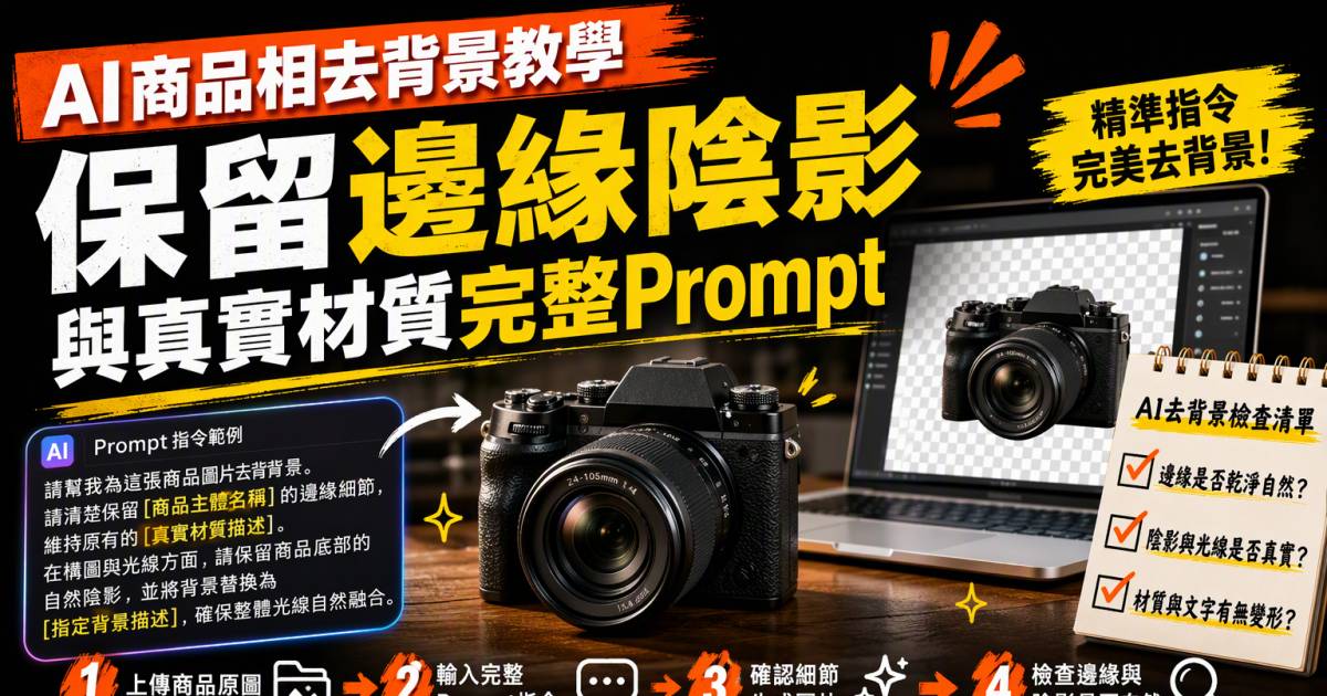 AI商品相去背景教學｜保留邊緣陰影與真實材質完整Prompt